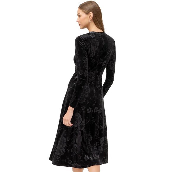 Johnny Was Embossed Stretch Black Velvet Dress Floral Long Butterfly Flowers NEW - Picture 4 of 6
